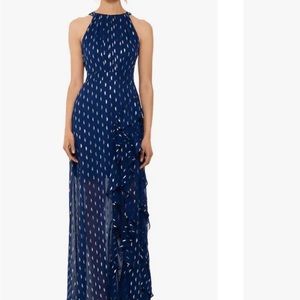 Metallic Clip Dot Ruffle Halter Neck Chiffon Gown - Formal Gown